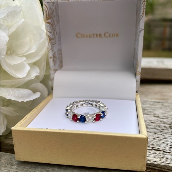 NWT CHARTER CLUB SILVER TONE RED, WHITE & BLUE CUBIC ZIRCONIA RING - 5 - Picture 4 of 7